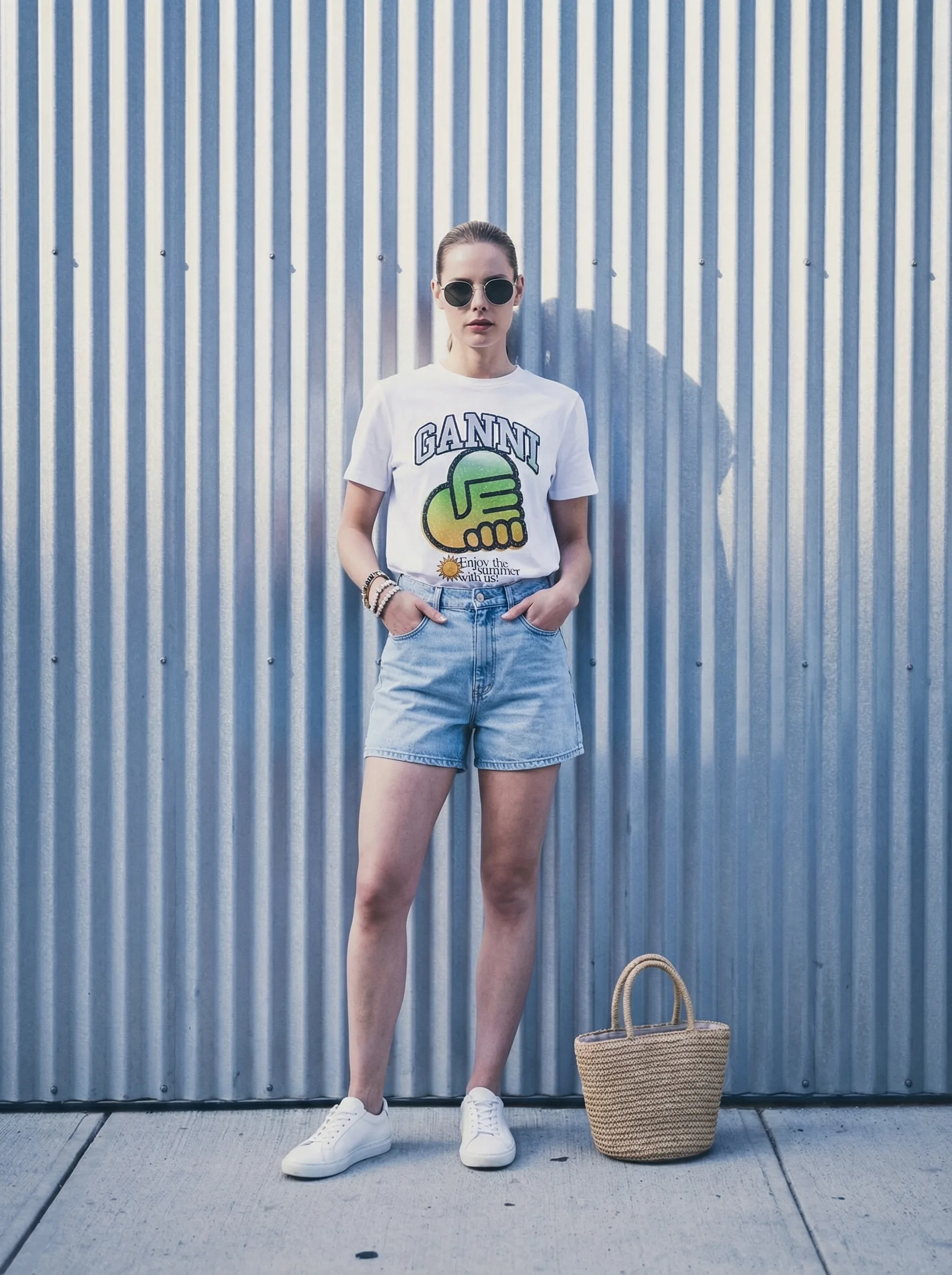 AI fashion model in urban editorial background - color-accurate garment reproduction